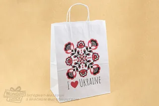 Пакети крафт. Код ПК-75. Розмір 350*260*150 мм. Крафт з ручками, "I Love Ukraine"