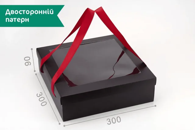 Коробка №М0004-о23. "Чорна з вікном та червона стрічка"