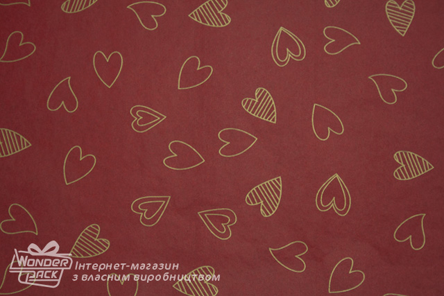 Тіш'ю, цигарковий папір для пакування. 50*70 см. Сердечка золоті на червоному 2 - 2
