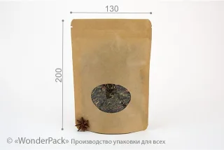 Пакет дой-пак. Код ДП-001, 200*130*32 мм, крафт с окном (овал)