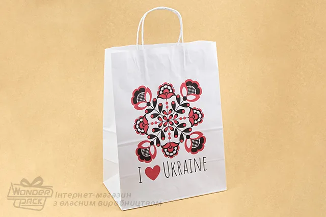 Пакеты крафт. Код ПК-75. Размер 350*260*150 мм. Крафт с ручками, "I Love Ukraine"