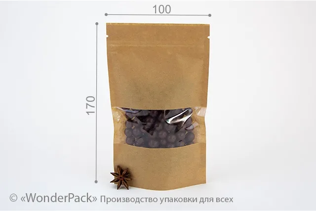 Пакет дой-пак. Код ДП-007, 170*100*30 мм, крафт с окном
